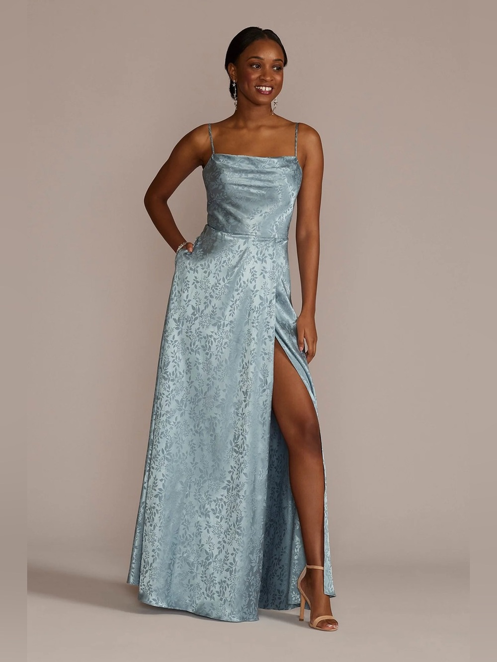 David's Bridal Dove Blue Floral Jacquard Cowl Slip Dress